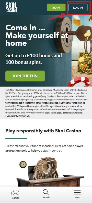 Skol casino mobile login button