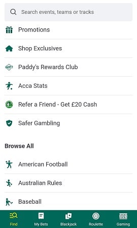 Paddy Power Mobile Menu