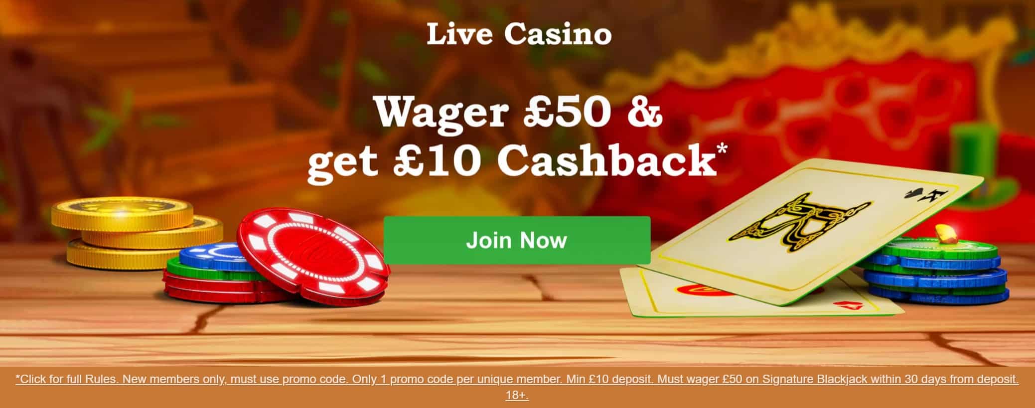 Live Casino £10 Cashback at Rainbow Riches