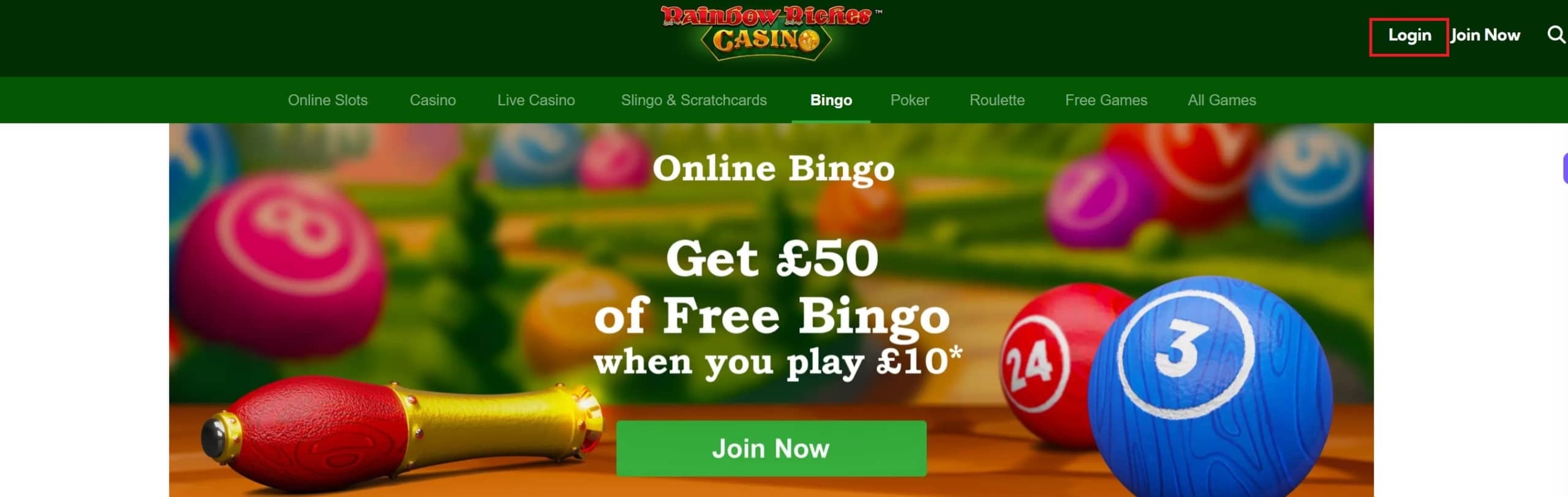 Log In Button at Rainbow Riches Casino