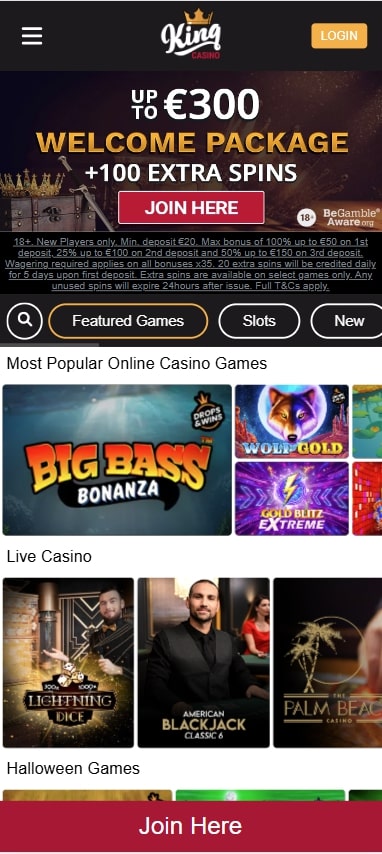 King Casino mobile website for registration