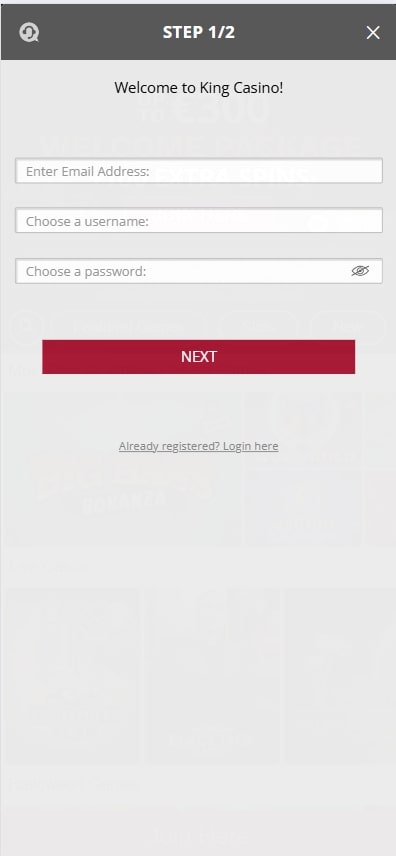 First step for sign up on mobile for King Casino