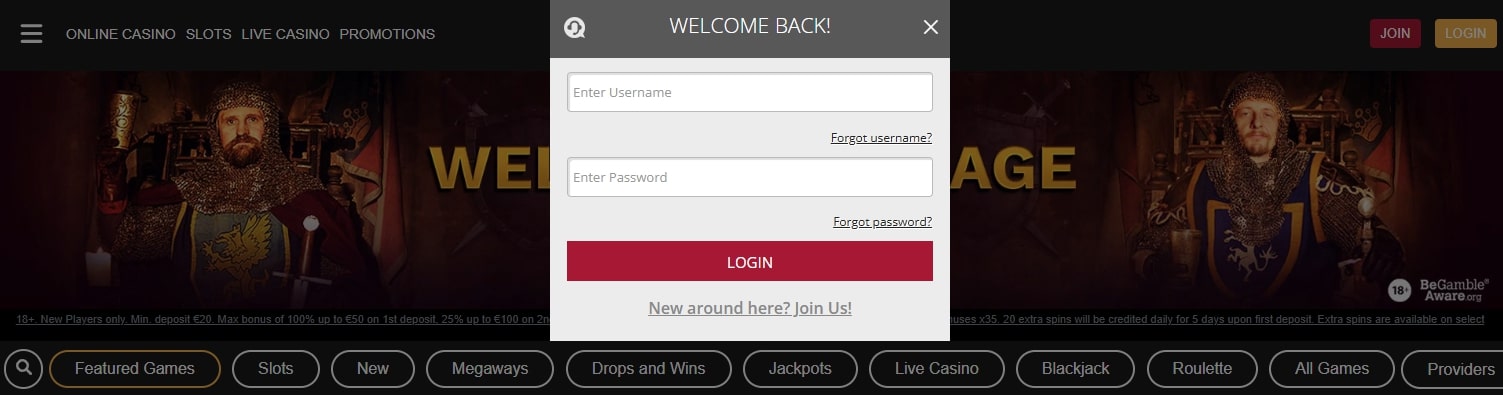 login screen shot King Casino for website