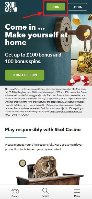 Sign up button at Skol Casino mobile