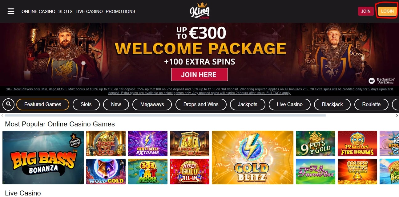 King Casino website login button highlighted