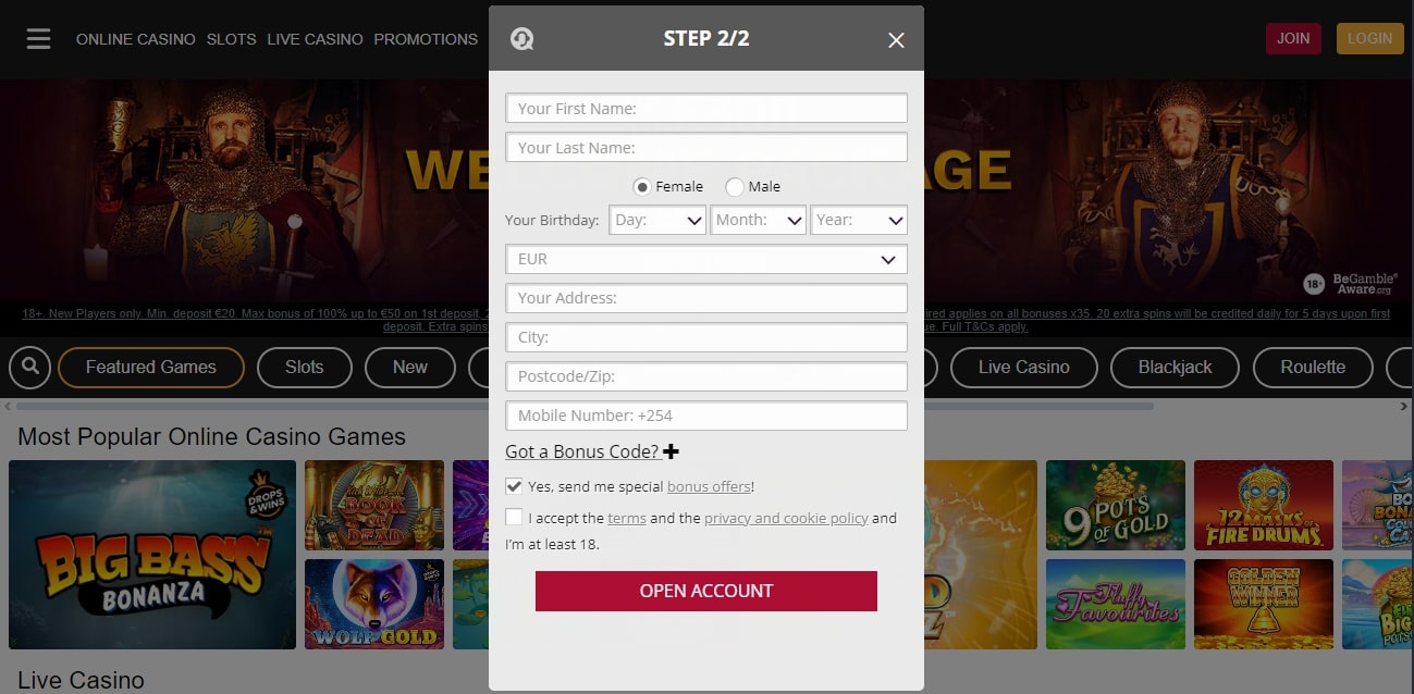 King Casino second step of join process on website