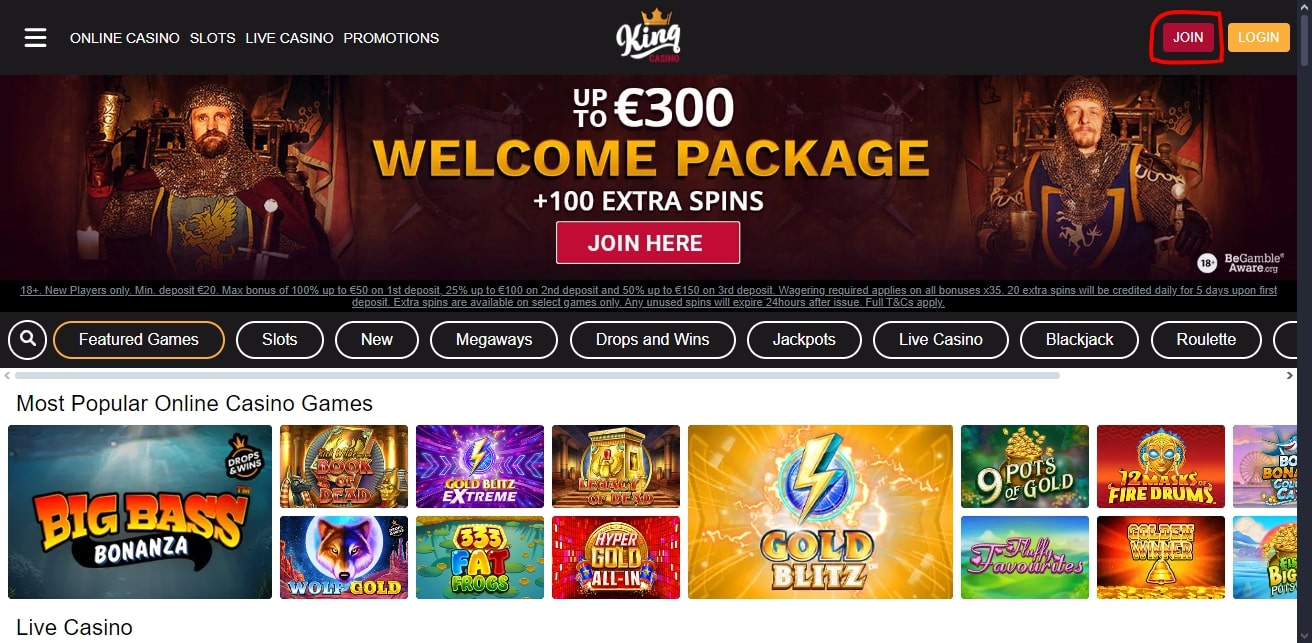 King Casino website with join button highlighted