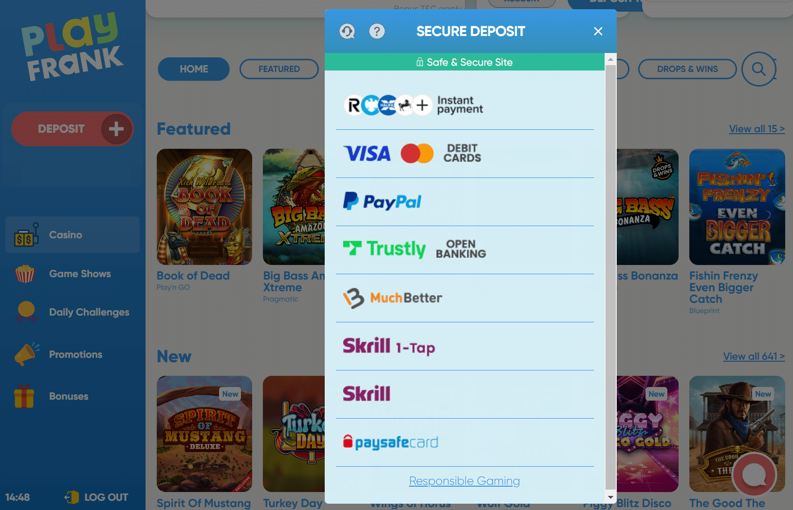 PlayFrank deposit page