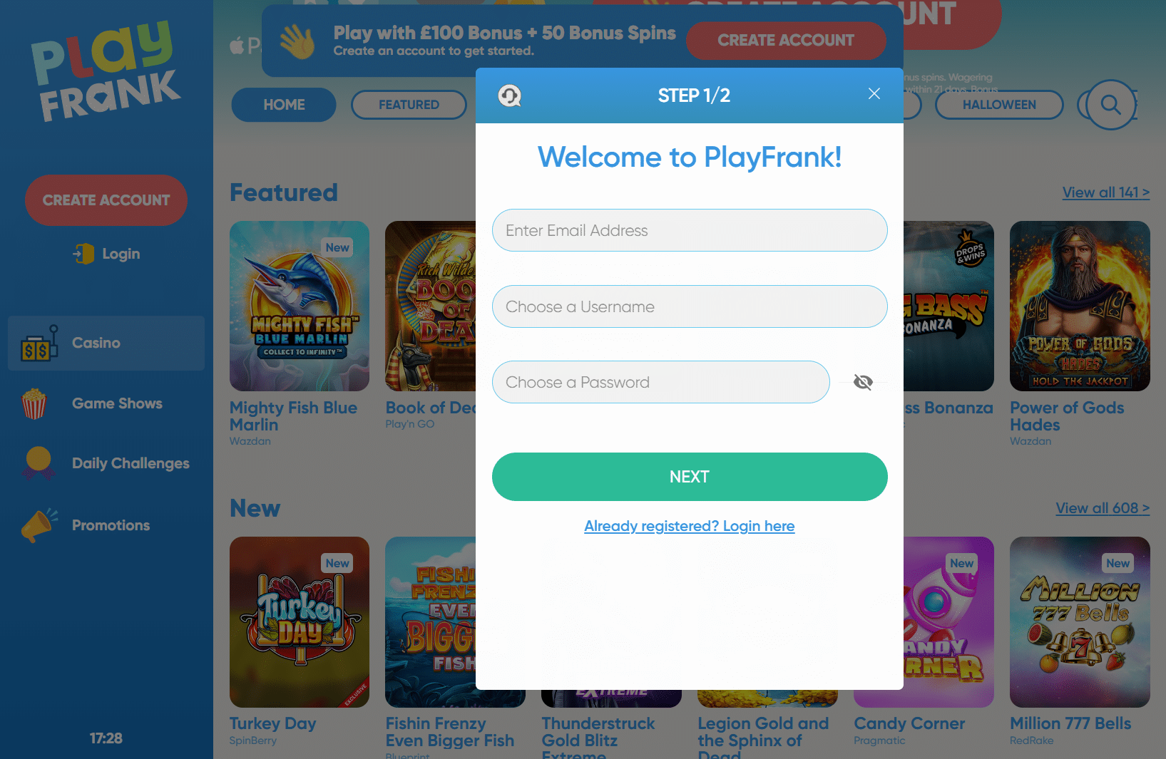 PlayFrank registration form