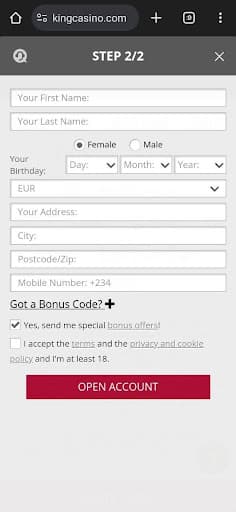 Step two of registration onKing Casino mobile