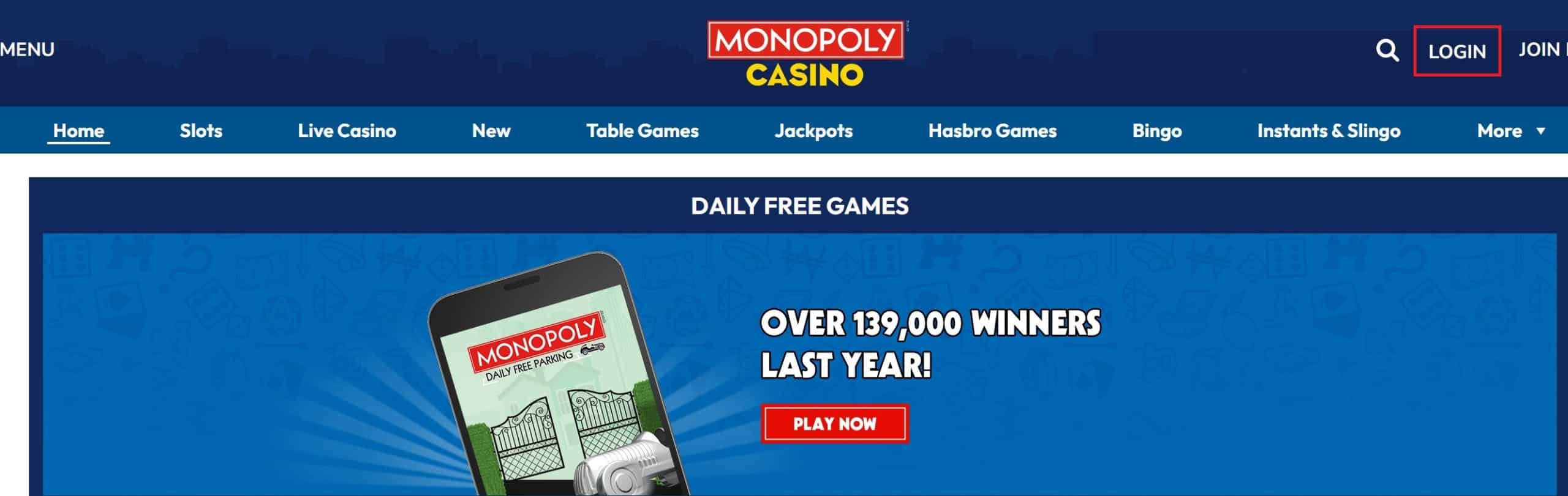 Log In Button at Monopoly Casino