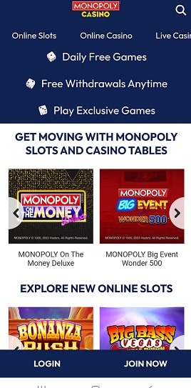 Mobile App Menu at Monopoly Casino