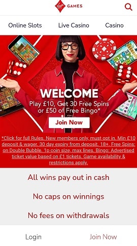 Virgin Games Casino App Layout