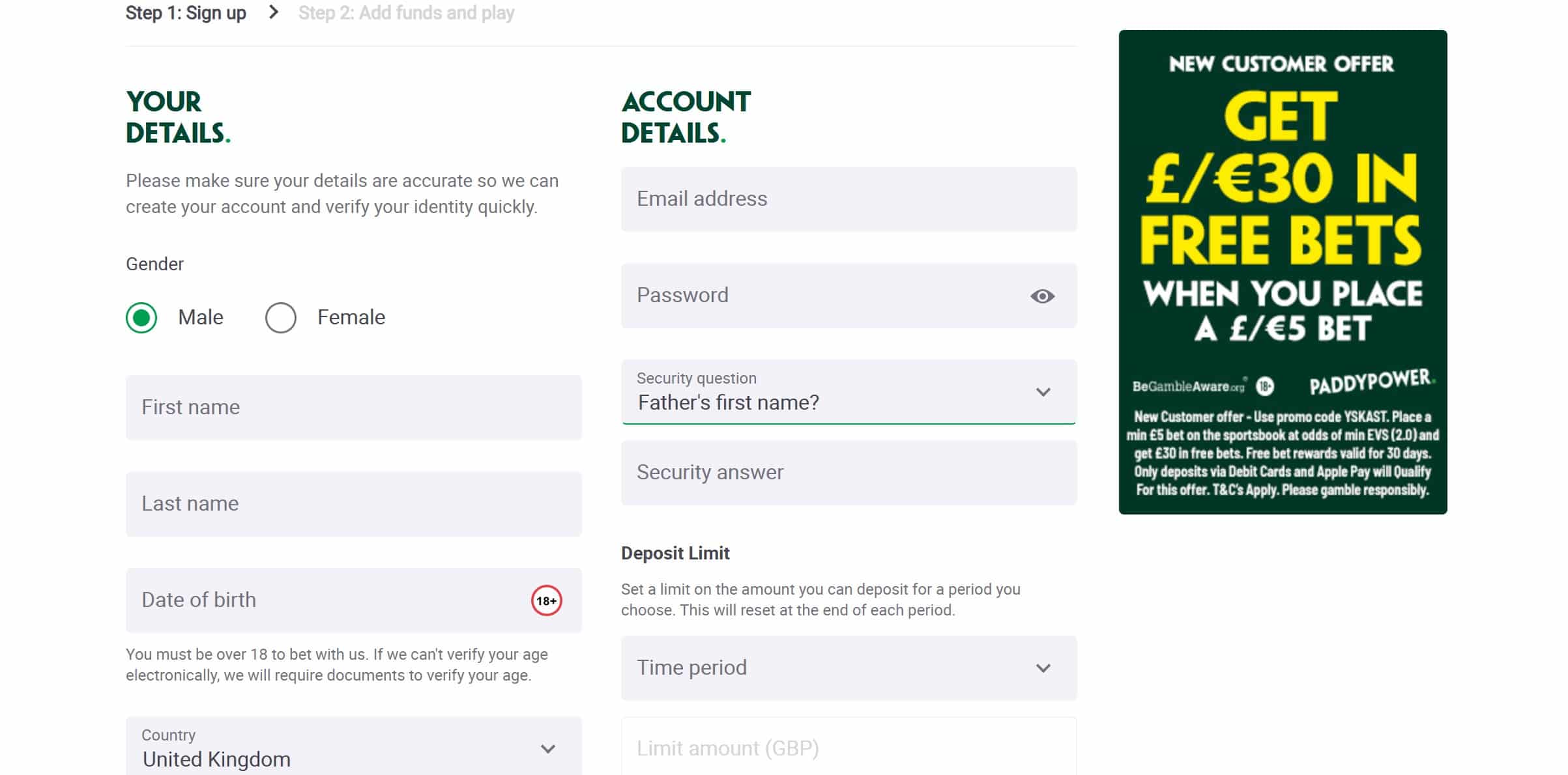 Paddy Power Registration Form