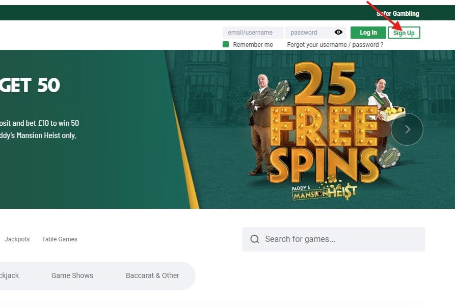 Paddy Power Casino Login page