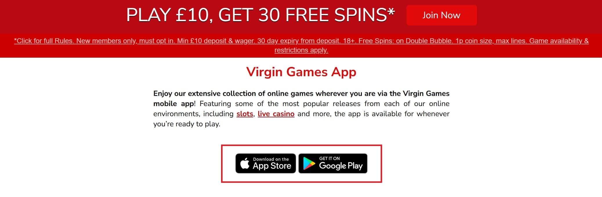 App Download Buttons at Virgin Games Casino's Official Page