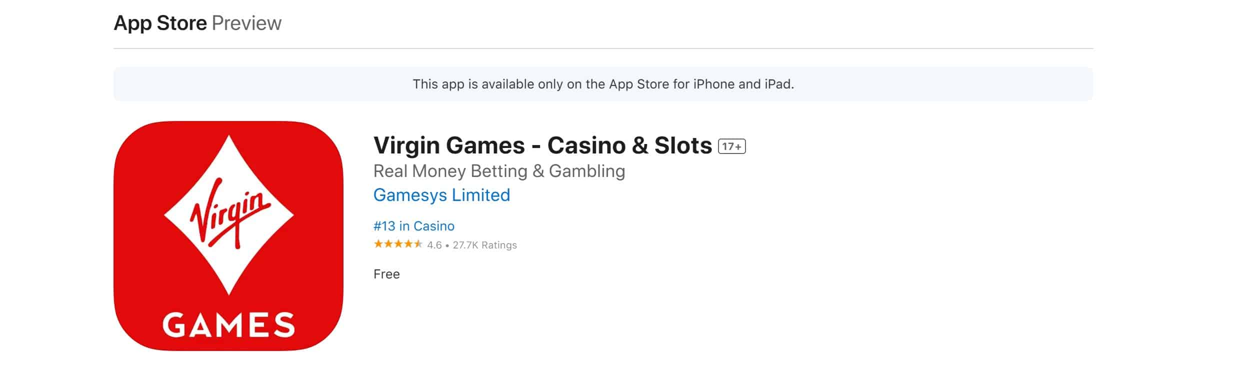 Virgin Games Casino App Rating