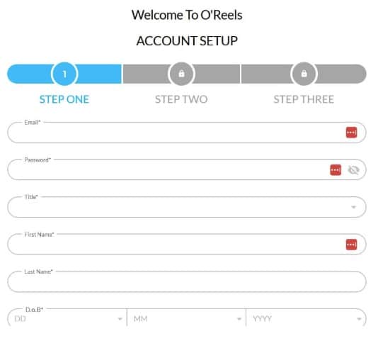 O'Reels casino Sign up page