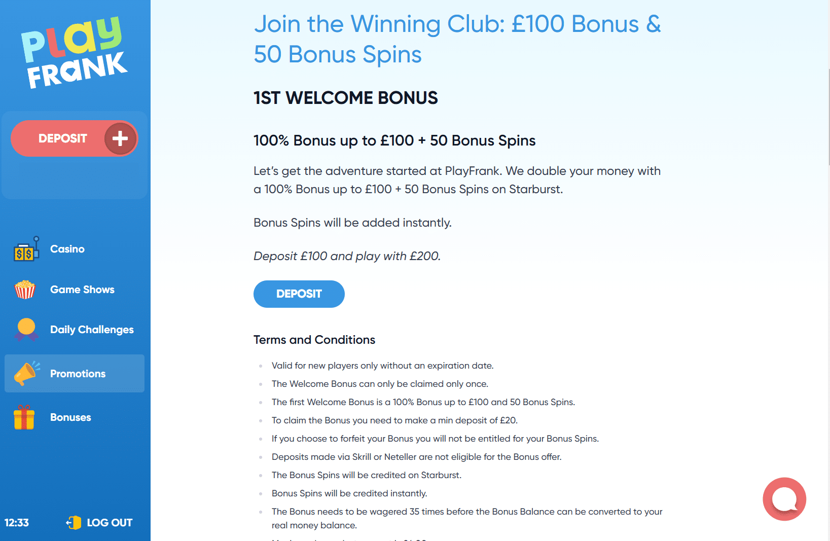 Terms and conditions of the PlayFrank welcome bonus