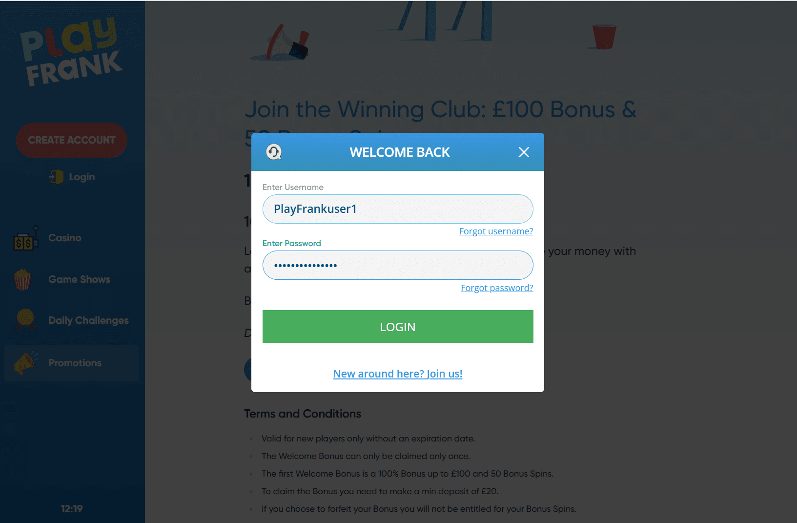 PlayFrank login page