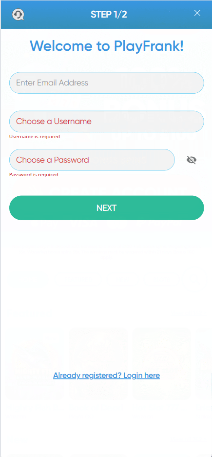 PlayFrank mobile registration screen