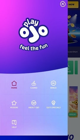 PlayOJO App's Menu