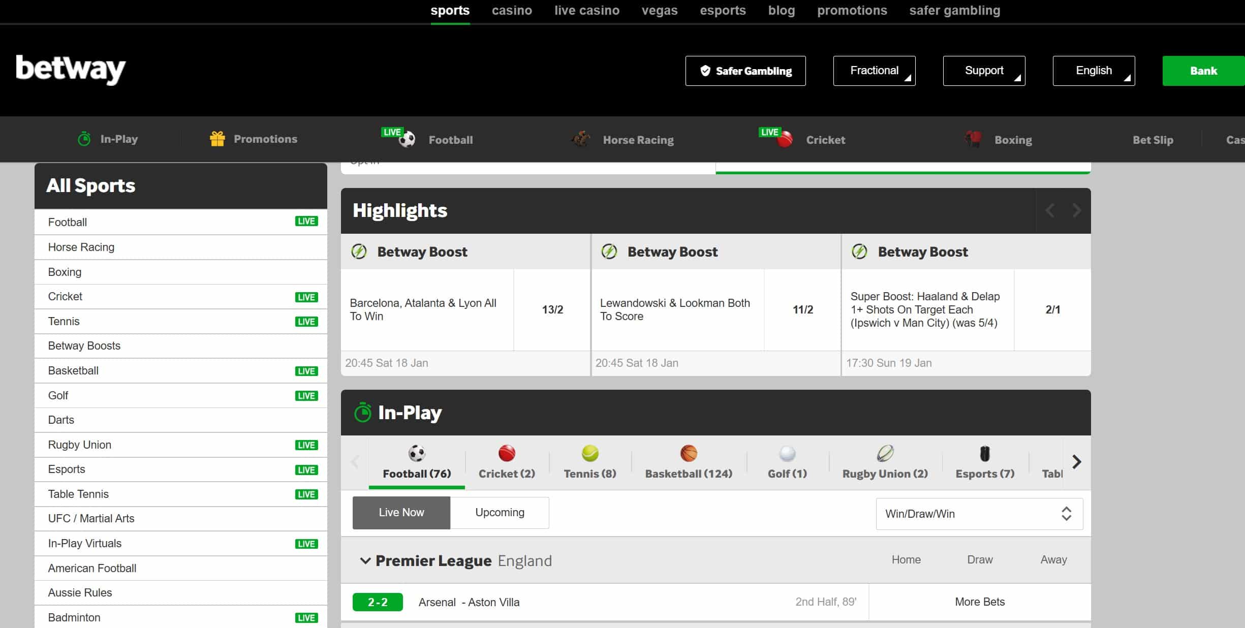 Betway sports betting section