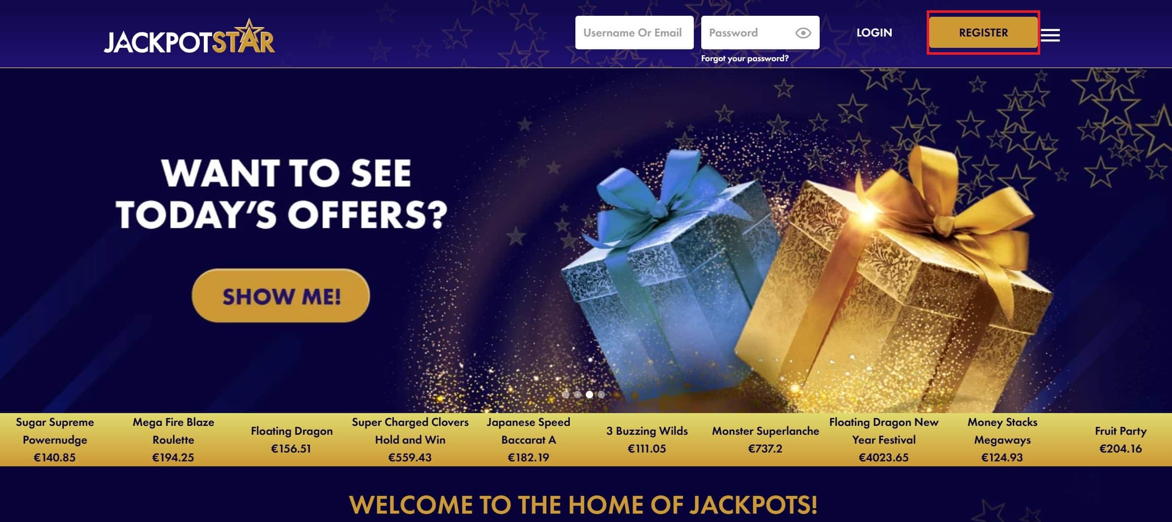 Registration Button on the Main Page of Jackpot Star Casino