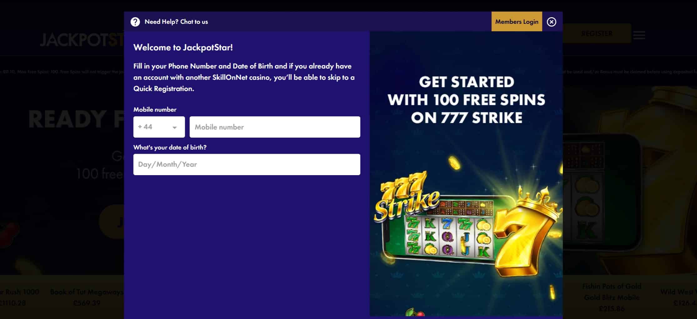 First Step of Registration at Jackpot Star Casino Requires You to Enter Your Age and a UK Phone Number