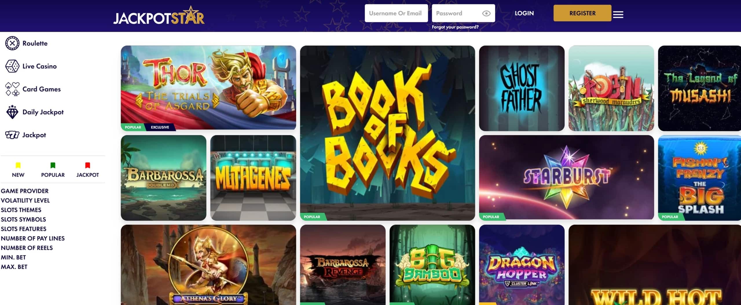 Jackpot Star Casino Slot Selection, Featuring Over 7,000 Releases