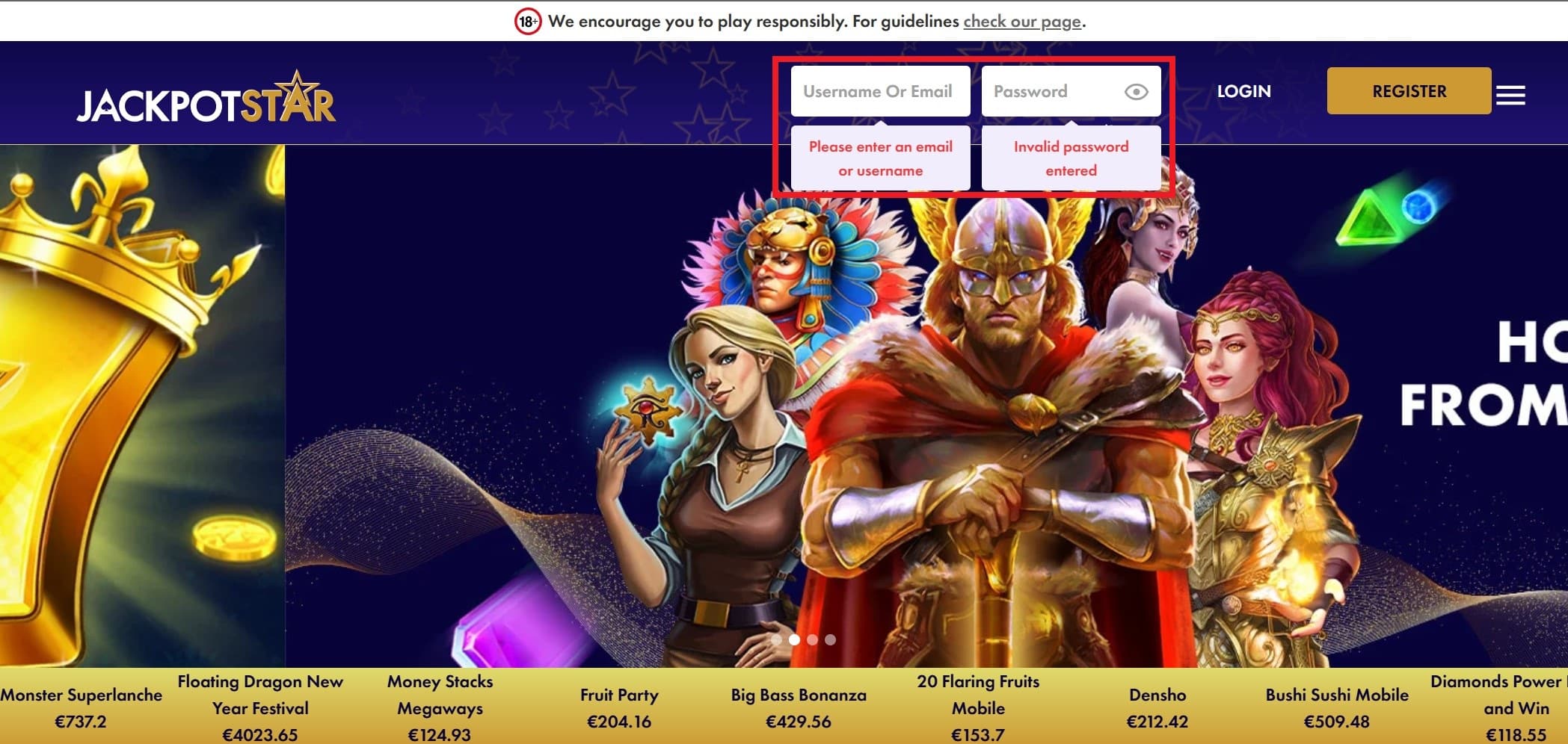 Log-In Credentials at Jackpot Star Requiring Your Account's Username and Password