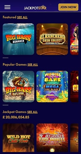 Mobile Layout at Jackpot Star Showing In-App View of the Site