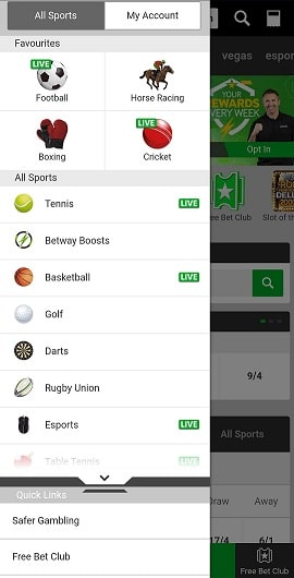 Betway Mobile App Menu