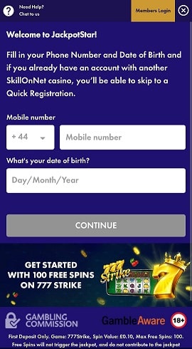 Mobile Registration Details at Jackpot Star