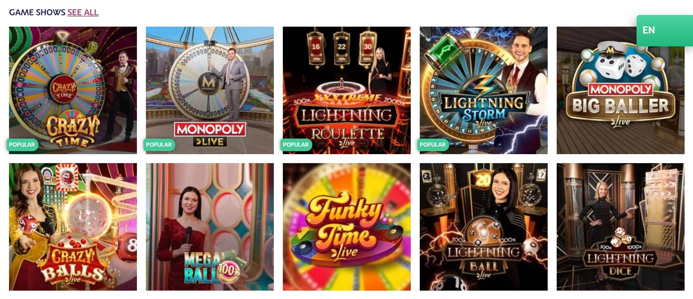 Selection of Live Game Shows at PlayOJO, Featuring Classics Like Evolution's Crazy Time, Monopoly Live, and Mega Ball