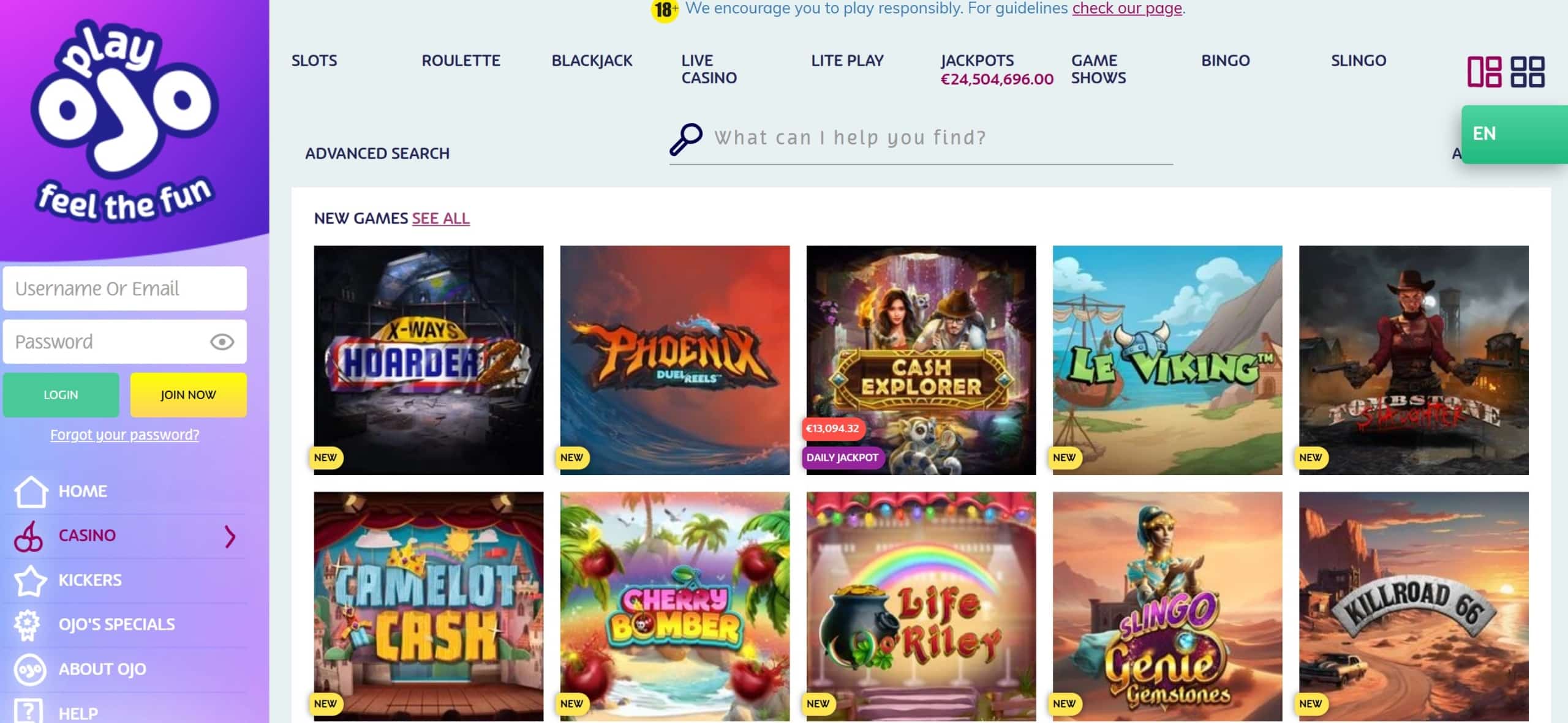 PlayOJO Casino's Gaming Collection With Advanced Search Filtering Option for Browsing Games by Provider, Type, and Feature