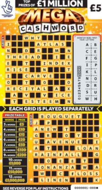 Sample of a cut lottery ticket Mega Cashword