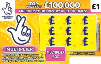 Sample of an uncut lottery ticket £100,000 Multiplier Yellow