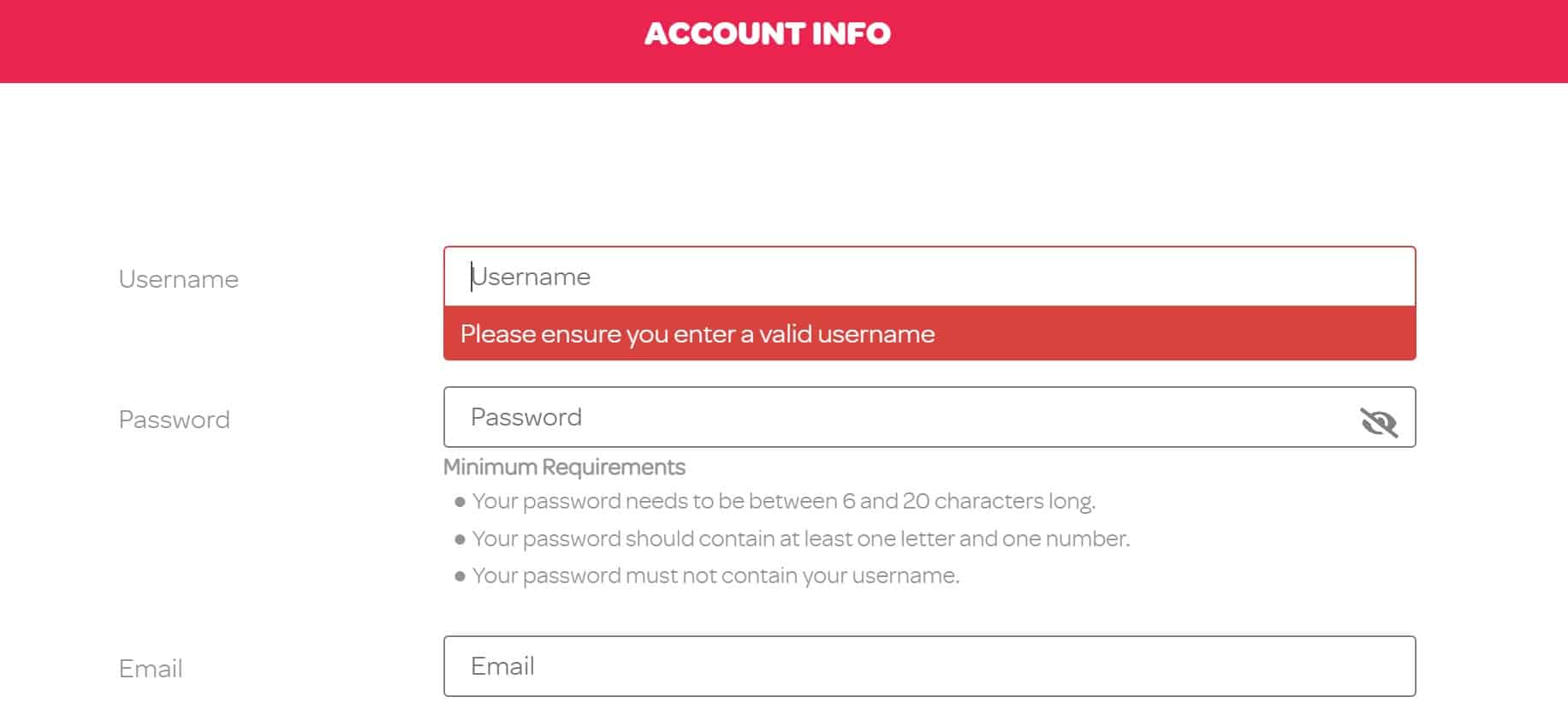 Spin Casino's Account Verification Details (Username, Password, and Email) for Registration