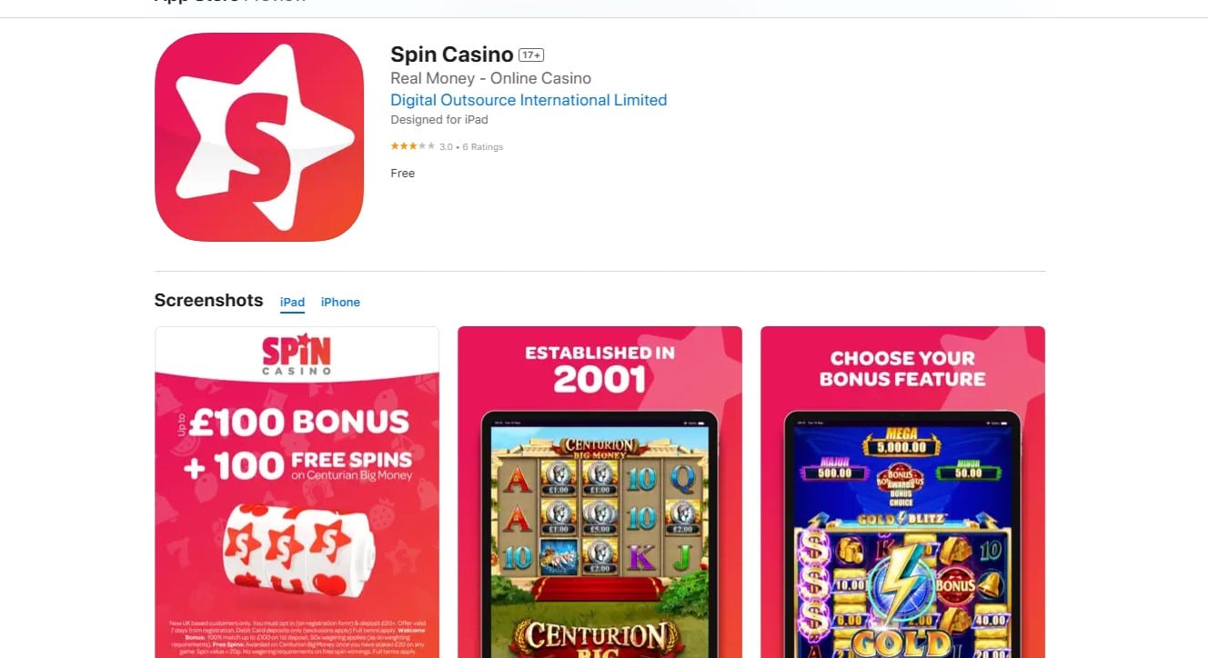 Spin Casino App Download Page for iOS