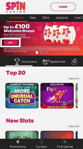 Spin Casino Mobile Registration Button