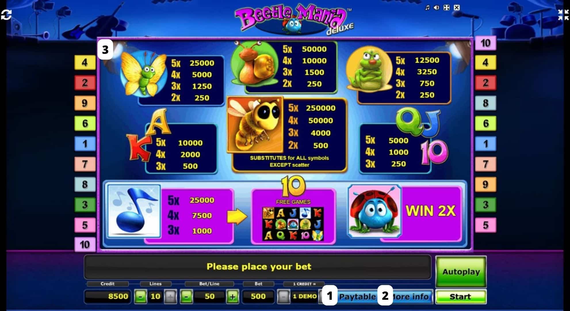 Beetle Mania online slot Menu