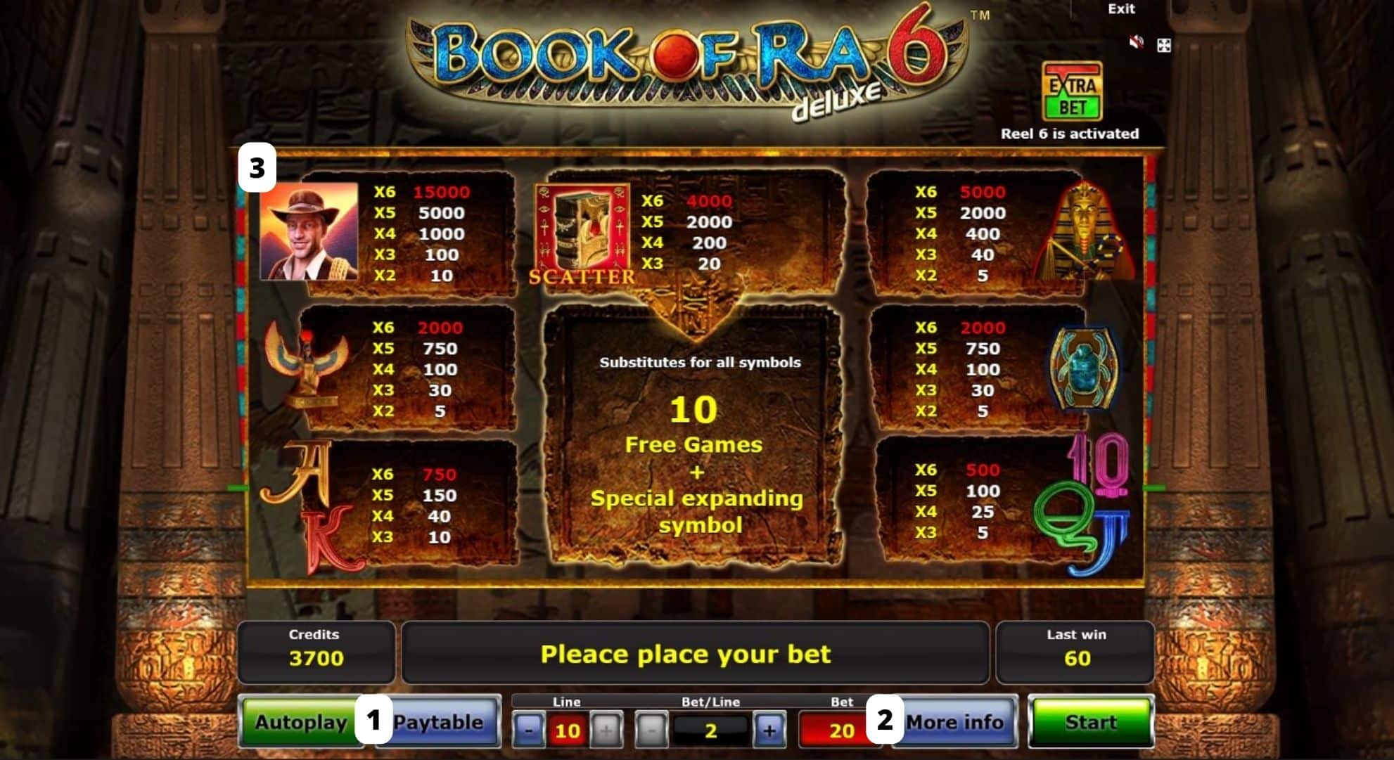 Book of Ra 6 Deluxe online slot Menu