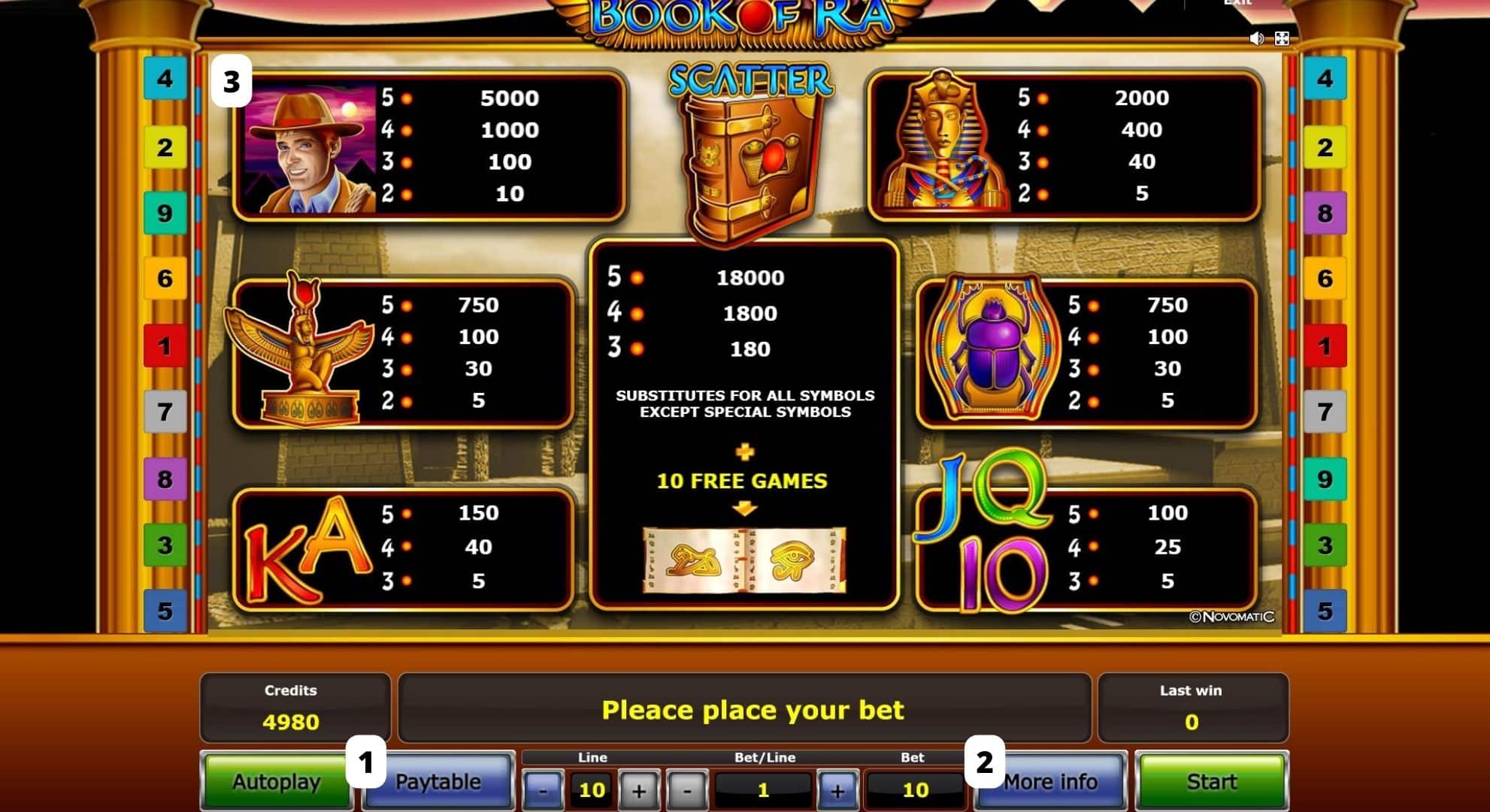 Book of Ra online slot Menu