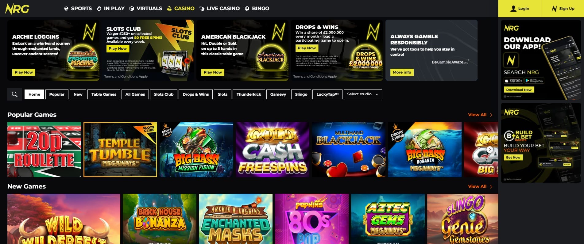 The NRG Casino homepage