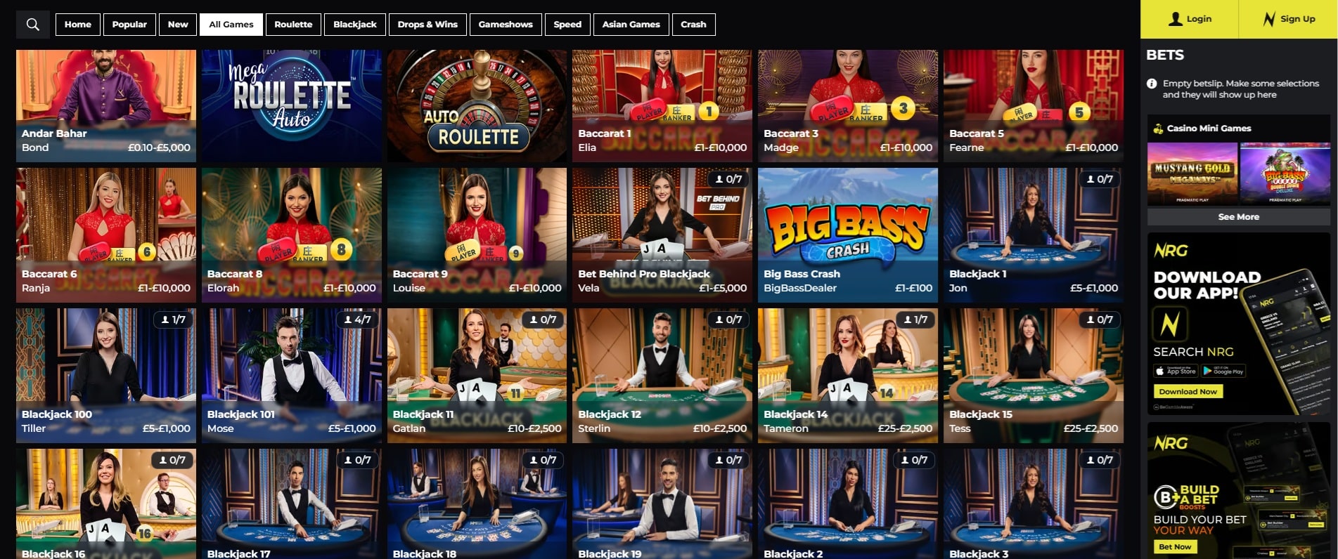 Live dealer games at NRG Casino