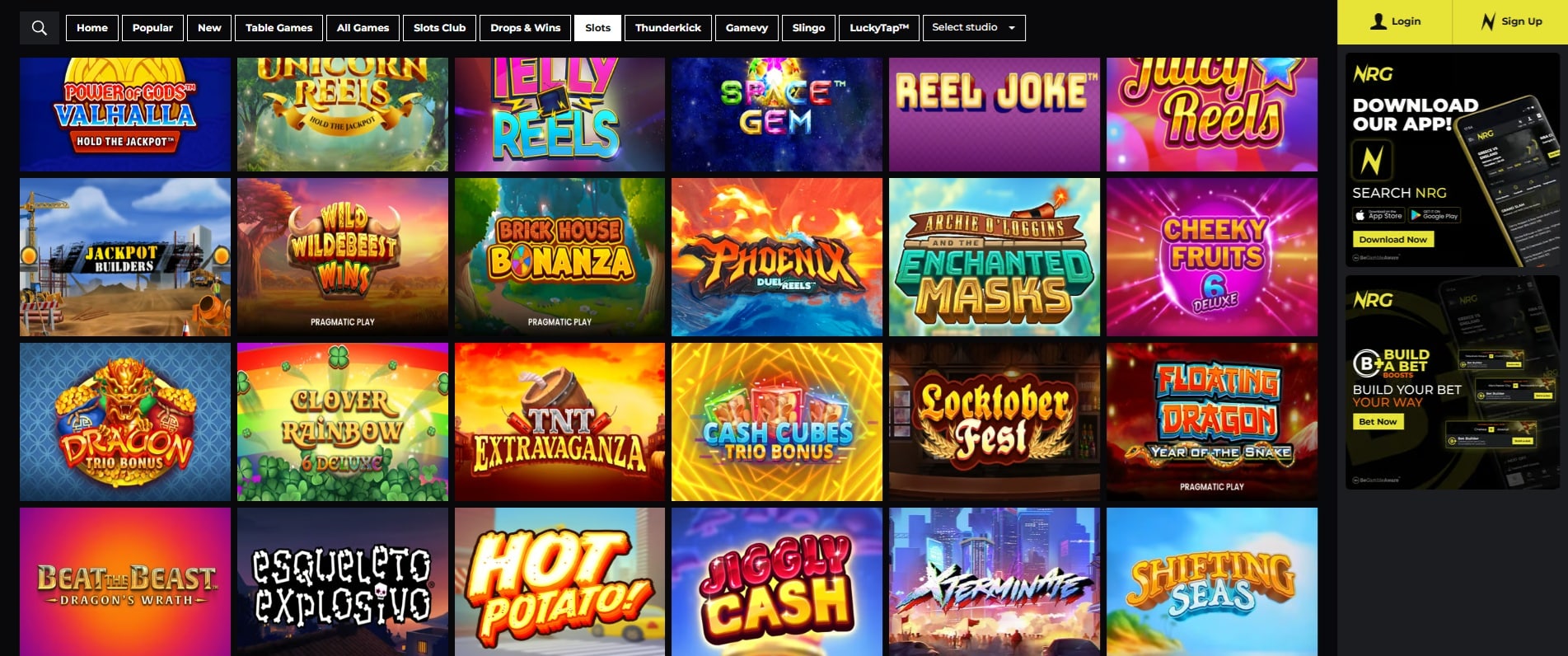 The slots selection at NRG Casino