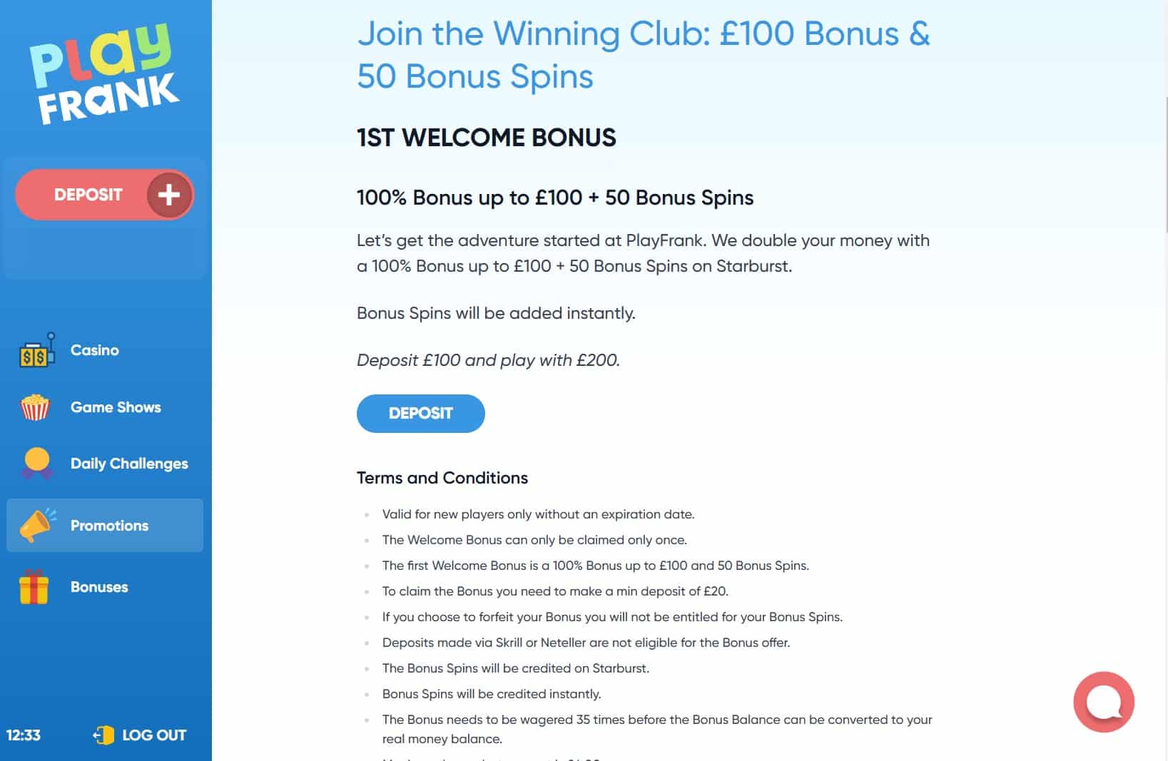 A description of the PlayFrank welcome bonus terms and conditions