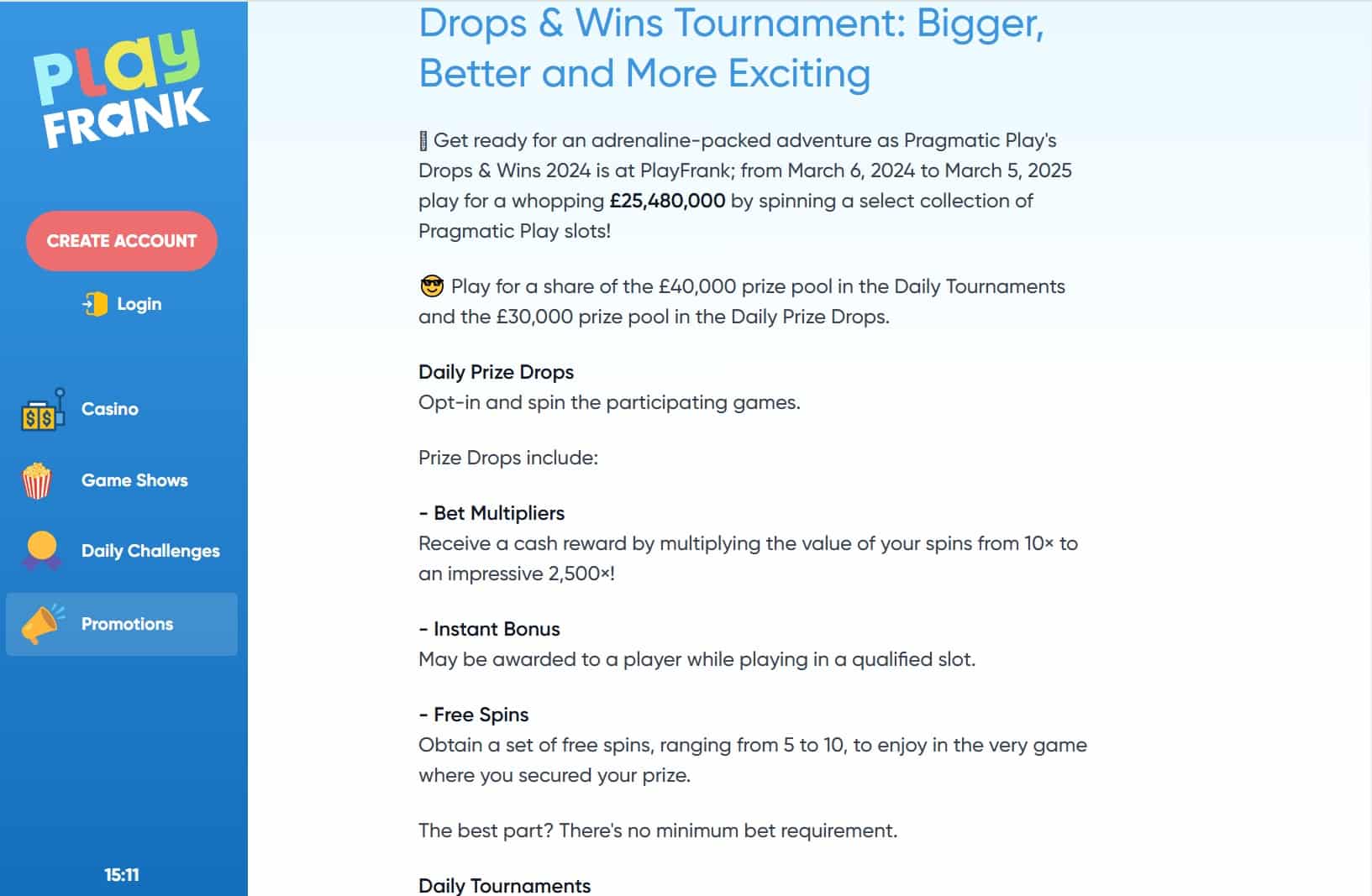 Bonus terms of the Drops and Wins bonus at PlayFrank