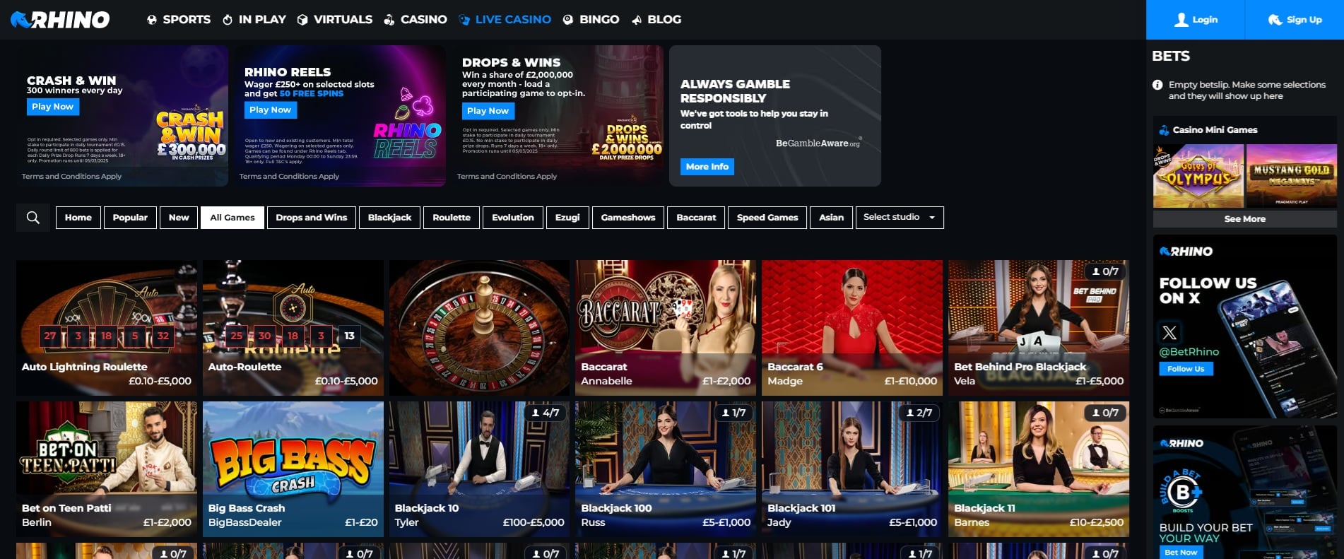 The live casino section at Rhino Casino